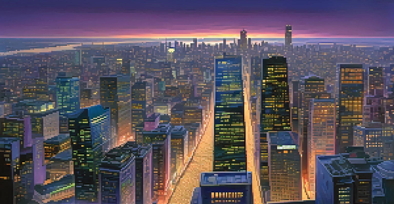 A city skyline at dusk with illuminated skyscrapers and a river reflecting the lights.