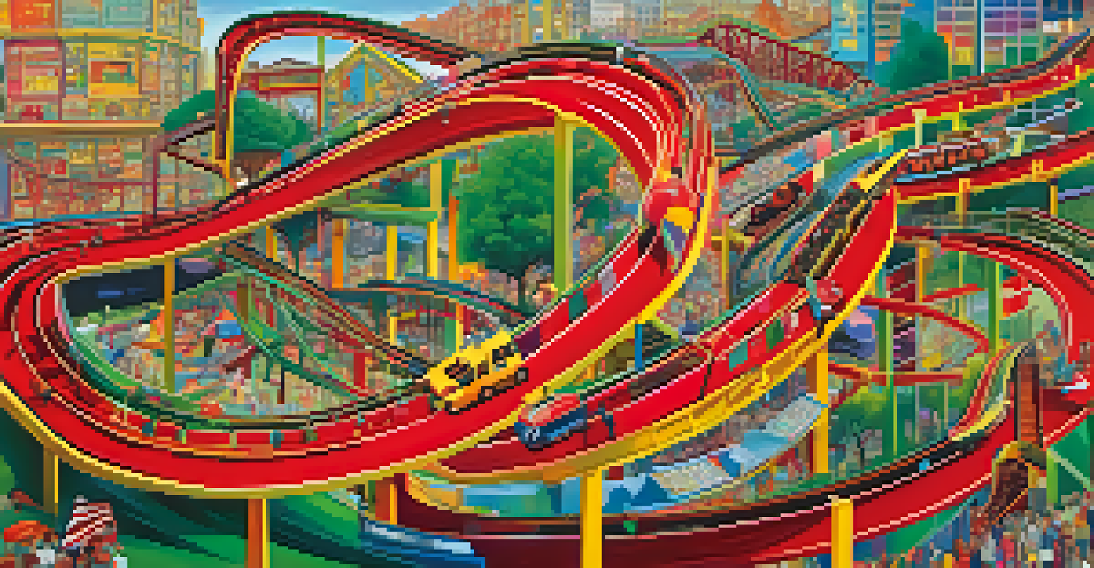 An abstract rollercoaster track representing market volatility, with colorful graphs and investors experiencing various emotions.
