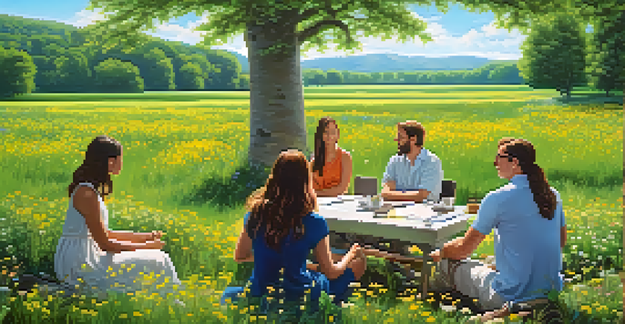 A diverse group of people in a green field discussing sustainable investment, surrounded by flowers and trees.