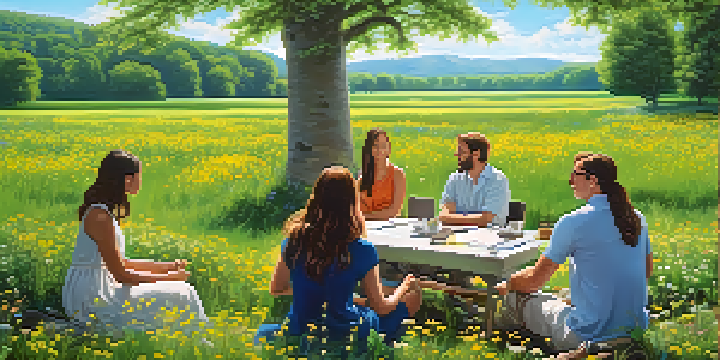 A diverse group of people in a green field discussing sustainable investment, surrounded by flowers and trees.
