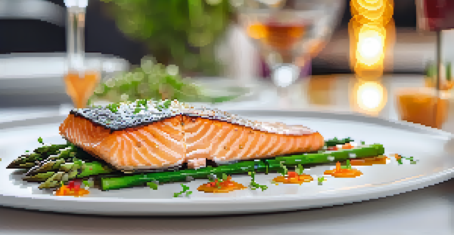 A gourmet plate of food featuring seared salmon and asparagus, presented elegantly with vibrant colors.