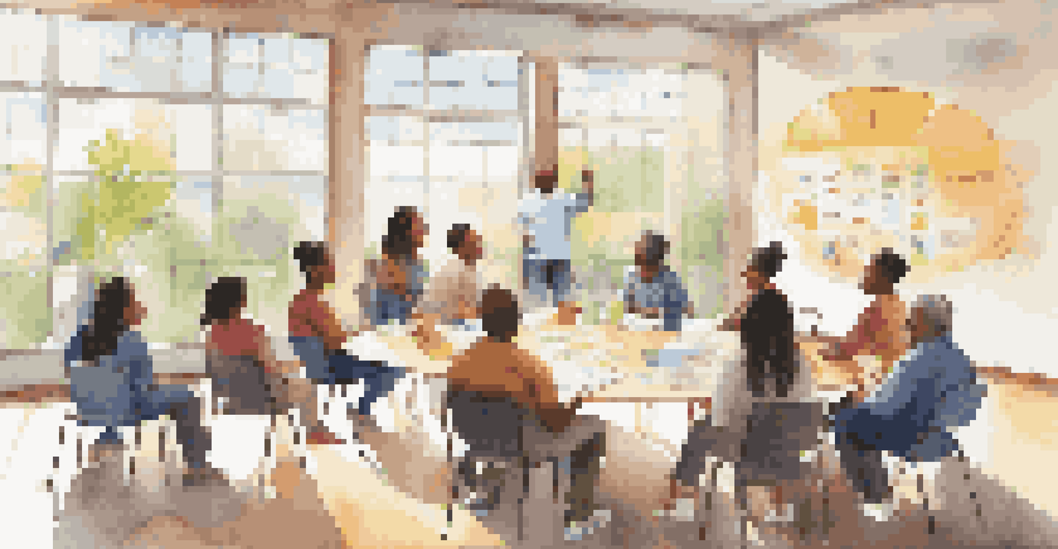 Families participating in a financial planning workshop led by a facilitator in a bright community center.