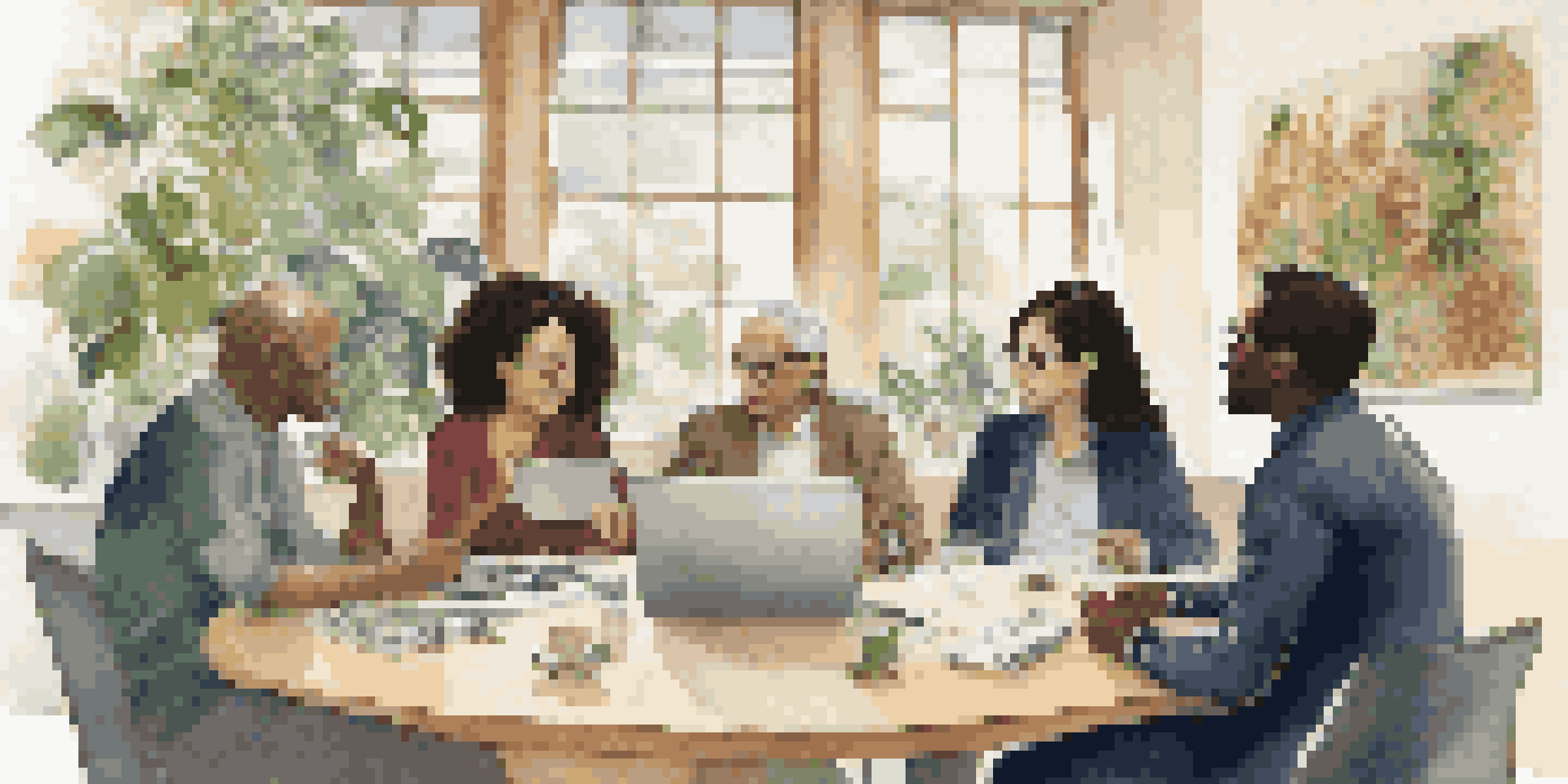 A diverse group of people discussing impact investing at a round table, illuminated by natural light from a large window.