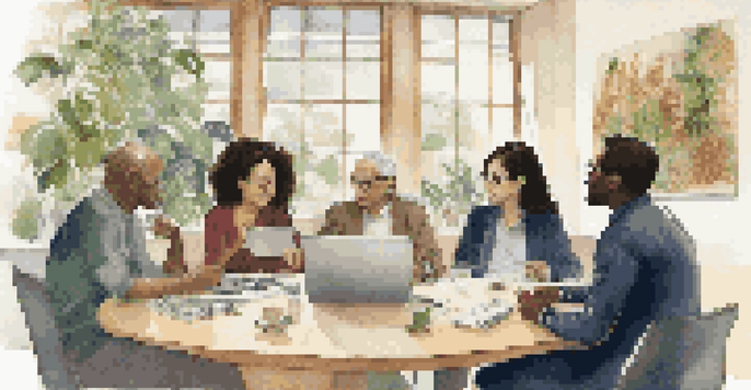 A diverse group of people discussing impact investing at a round table, illuminated by natural light from a large window.