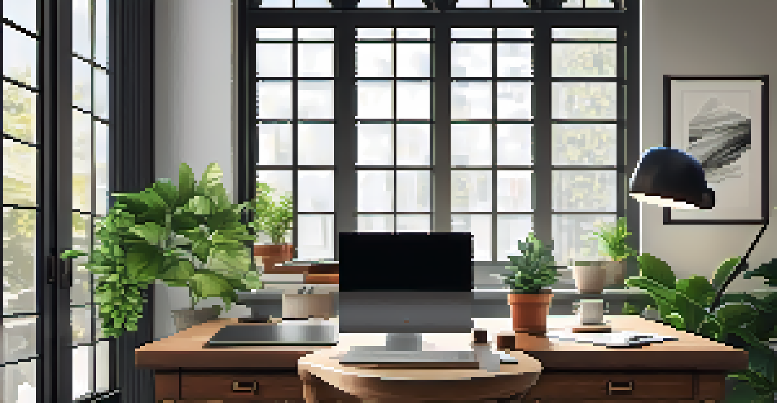 A stylish home office desk with a laptop, notepad, coffee cup, and plants, illuminated by natural light.