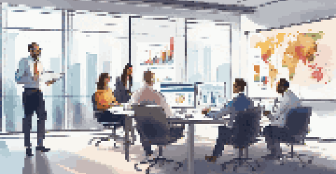 A diverse team of professionals discussing cash flow graphs in a modern office setting with a large screen displaying data.