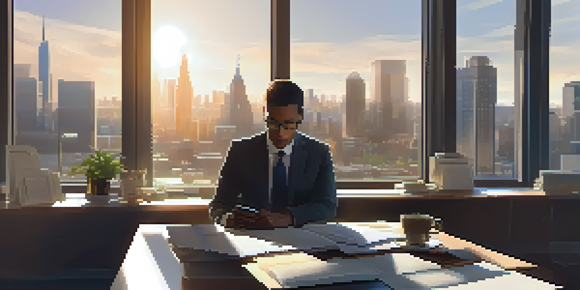 A finance advisor working at a desk with a laptop and financial documents, city skyline visible through the window.
