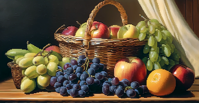 A wicker basket filled with various colorful fruits like apples, bananas, and grapes, placed on a rustic wooden table with soft natural lighting.