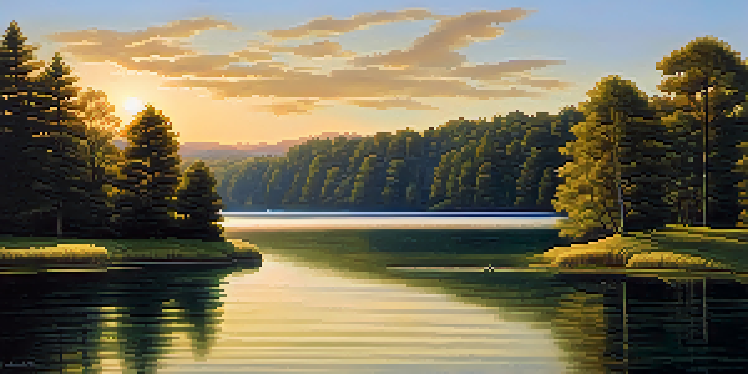 A peaceful landscape with a lake, surrounded by green forests and a sunset sky.