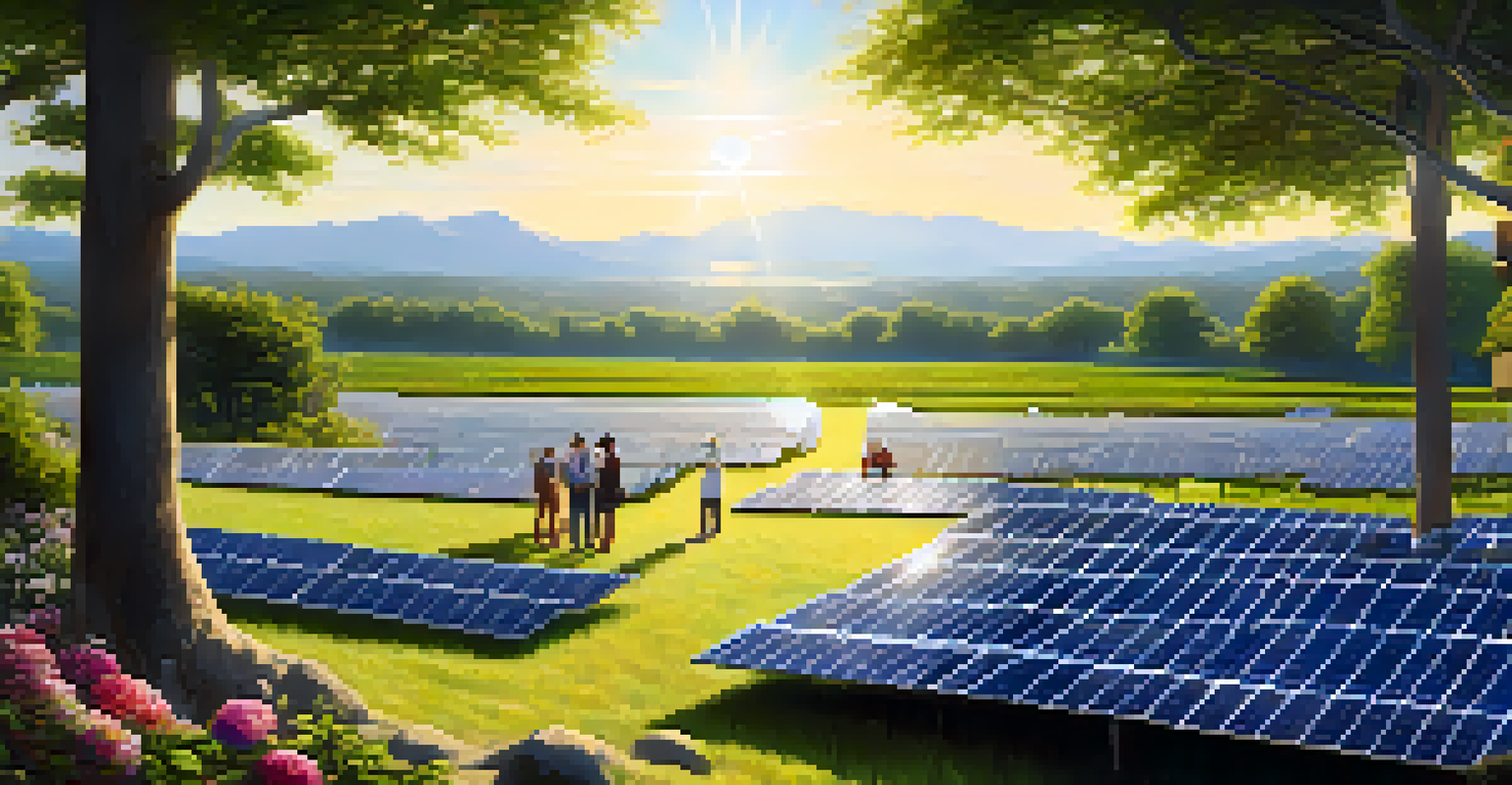 A solar energy farm with solar panels and a diverse group of people discussing sustainability amidst greenery.