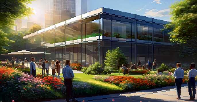 A modern corporate office building with solar panels, surrounded by greenery and flowers, with professionals discussing sustainability.