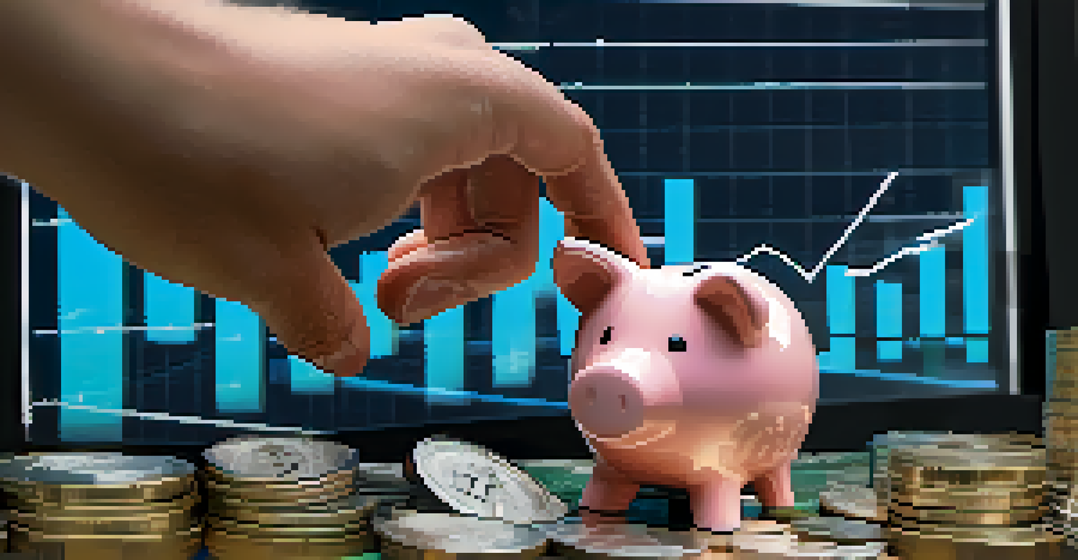 A hand inserting a coin into a piggy bank, with stock market graphs in the background, illustrating the concept of dollar-cost averaging.