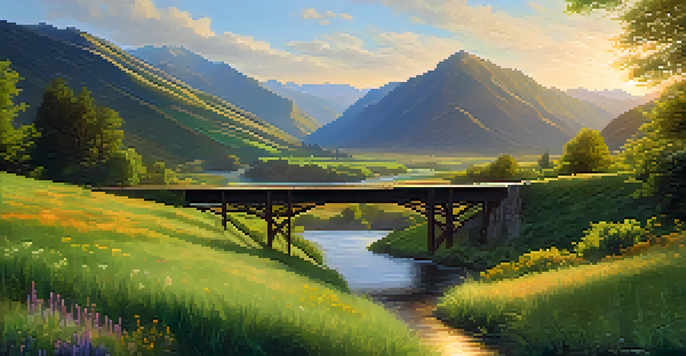 A peaceful green valley with a flowing river, mountains in the background, and a small wooden bridge under warm sunlight.