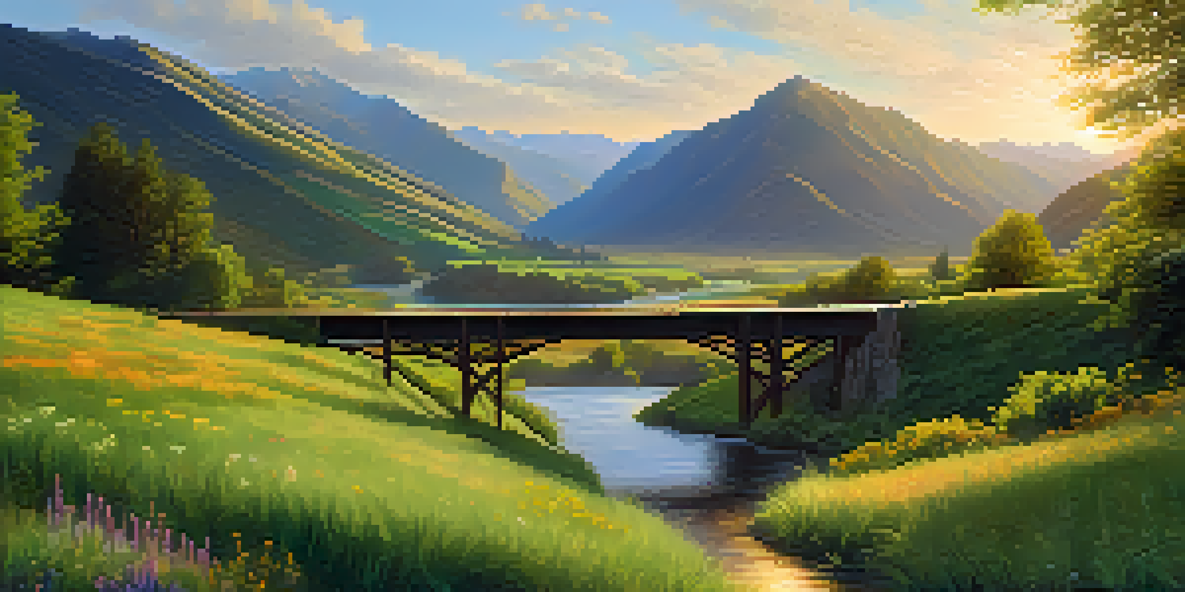 A peaceful green valley with a flowing river, mountains in the background, and a small wooden bridge under warm sunlight.