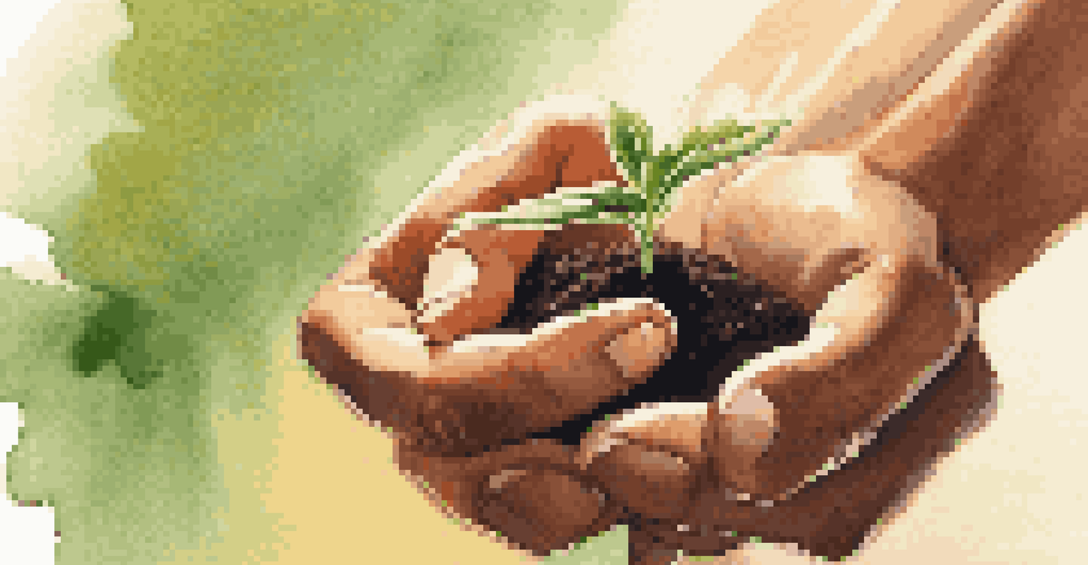 A close-up of a hand holding a small green plant in a pot, set against a blurred background with warm light.