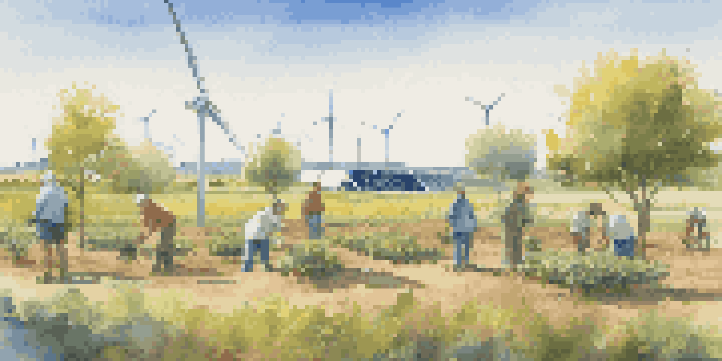 A community planting trees in front of a renewable energy farm featuring wind turbines and solar panels under a bright blue sky.