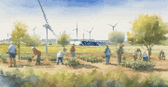 A community planting trees in front of a renewable energy farm featuring wind turbines and solar panels under a bright blue sky.