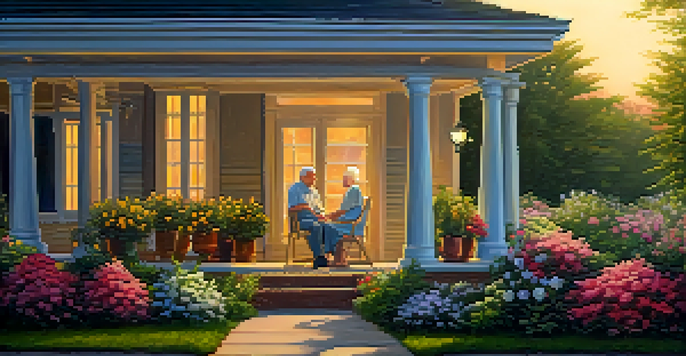 A retired couple sitting on a porch during sunset, holding hands and surrounded by a colorful garden, representing comfort and security in retirement.