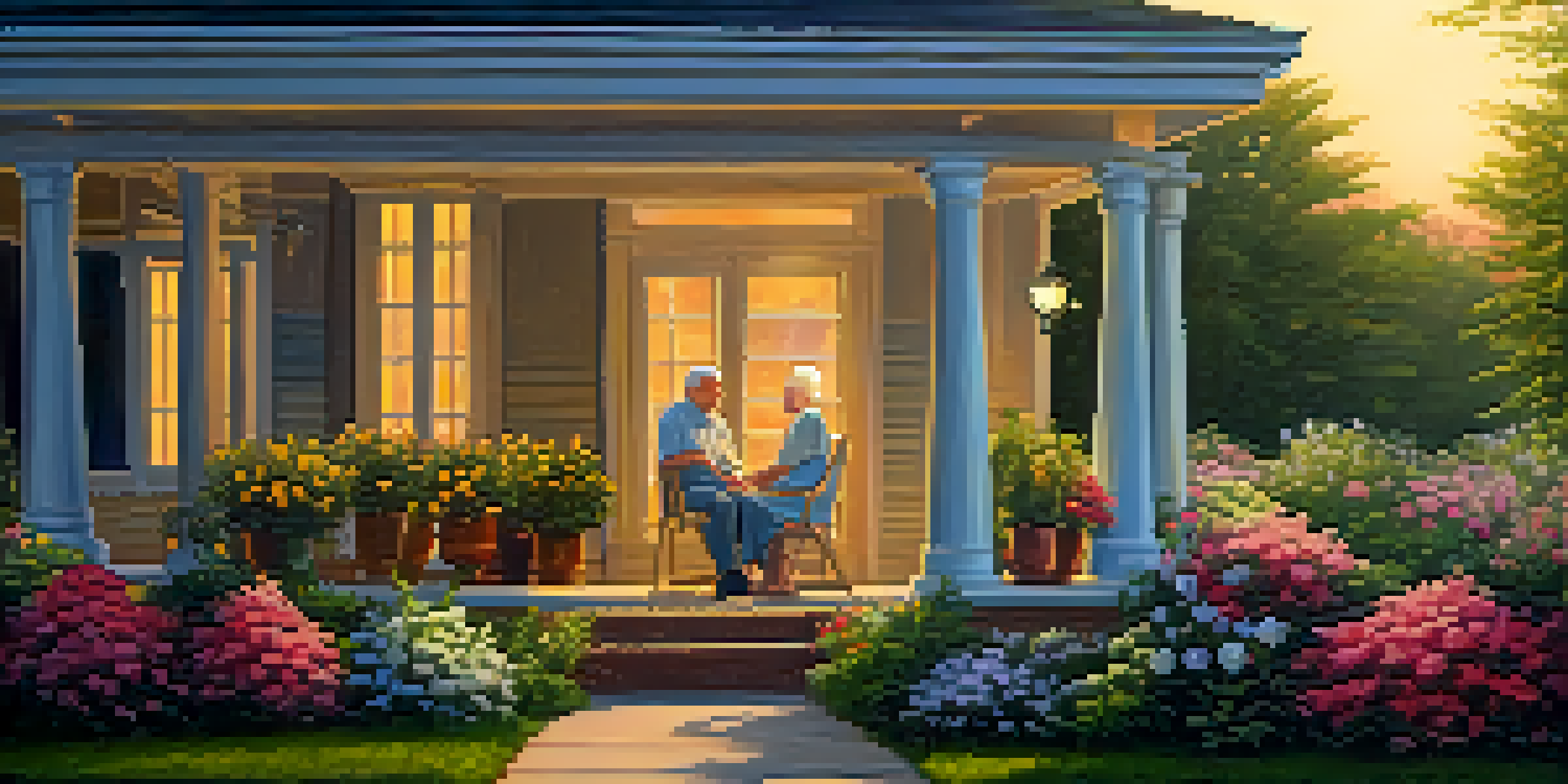 A retired couple sitting on a porch during sunset, holding hands and surrounded by a colorful garden, representing comfort and security in retirement.
