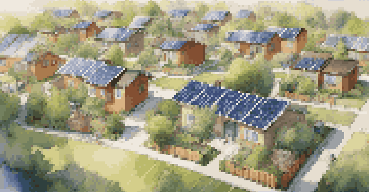 Aerial view of a solar-powered neighborhood with solar panels, green parks, and families enjoying outdoors.