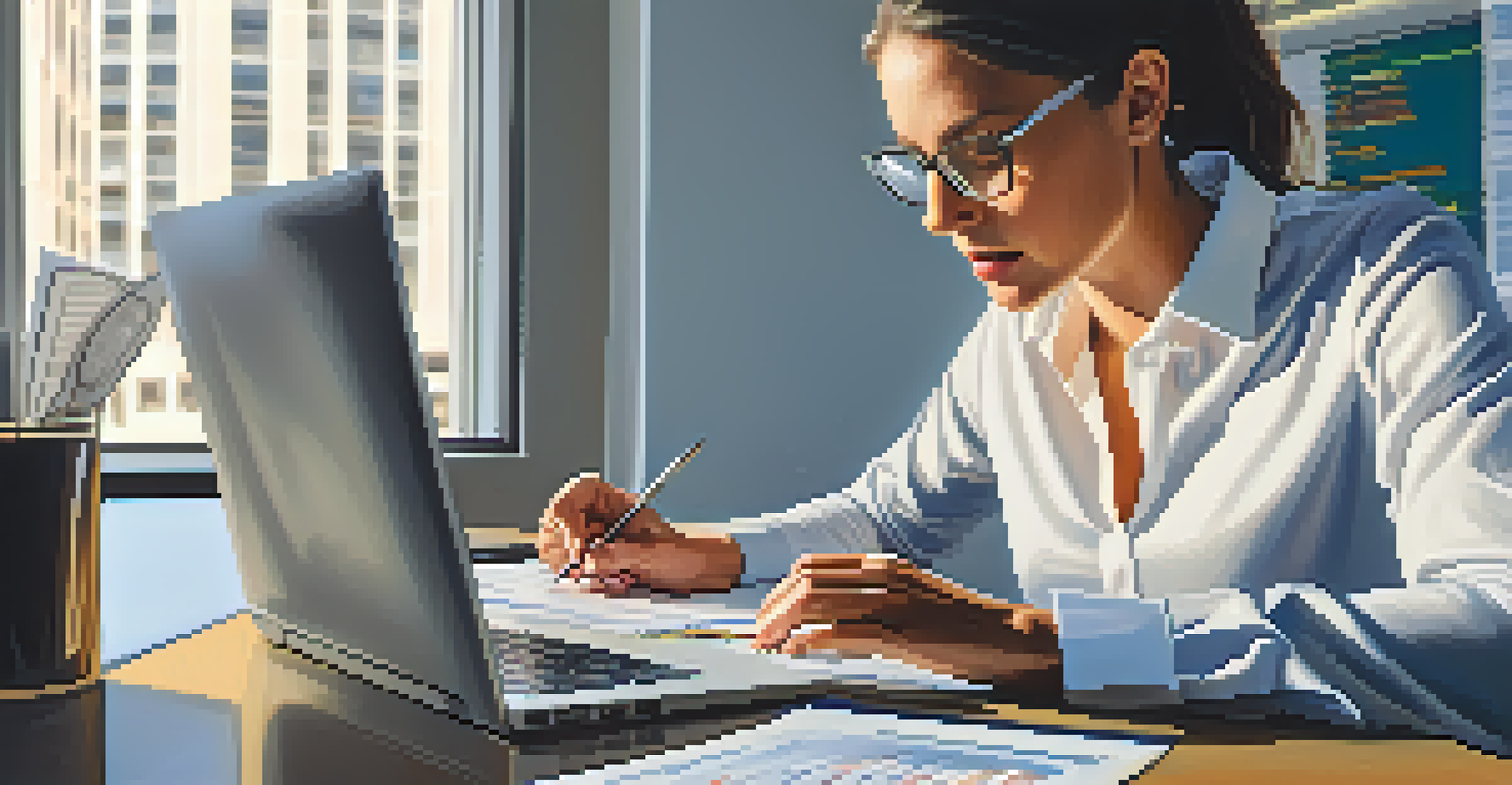 A person closely examining a financial statement with a laptop and coffee cup in a bright modern office.
