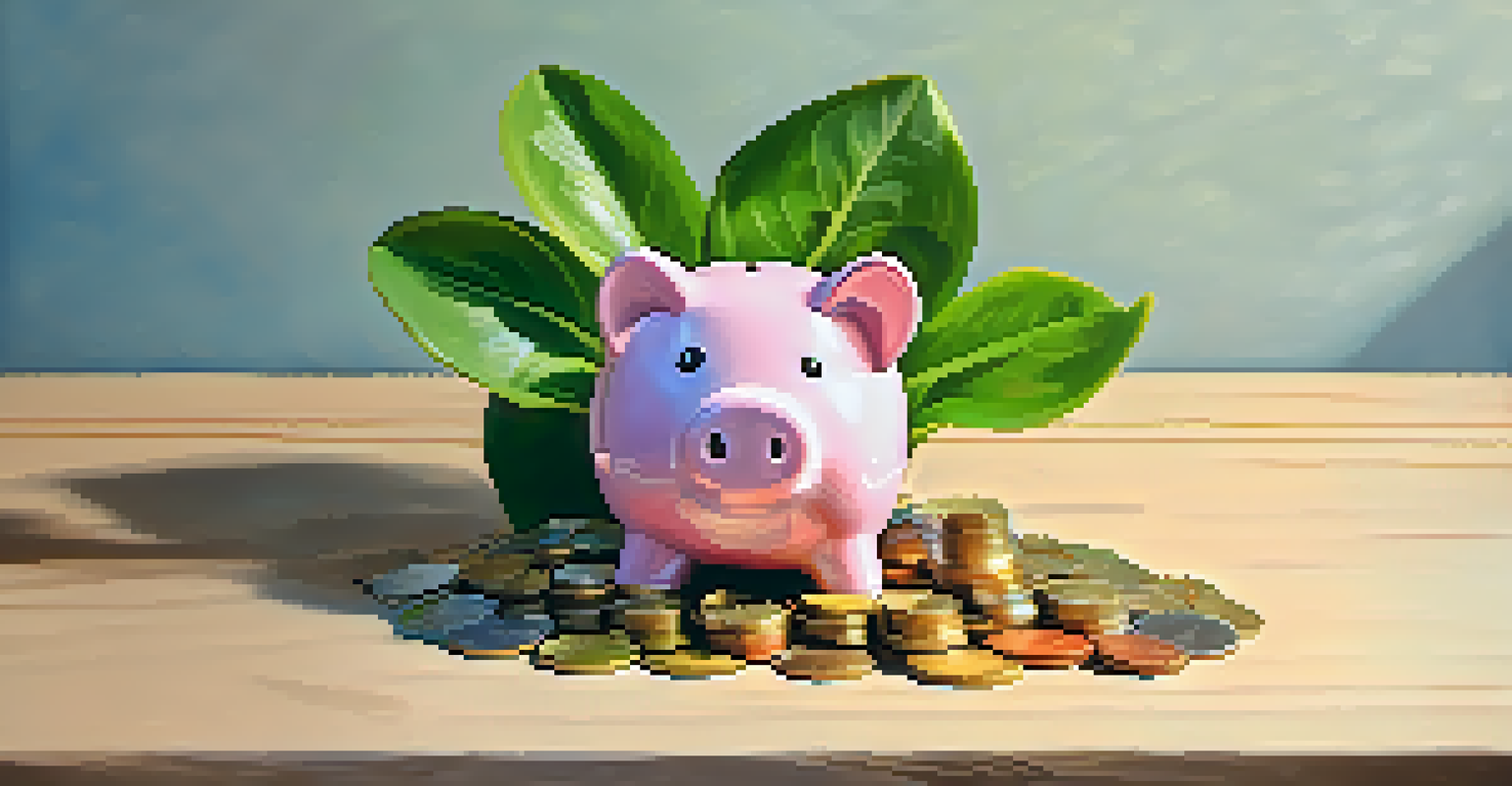 A piggy bank with coins and a small plant, representing savings.