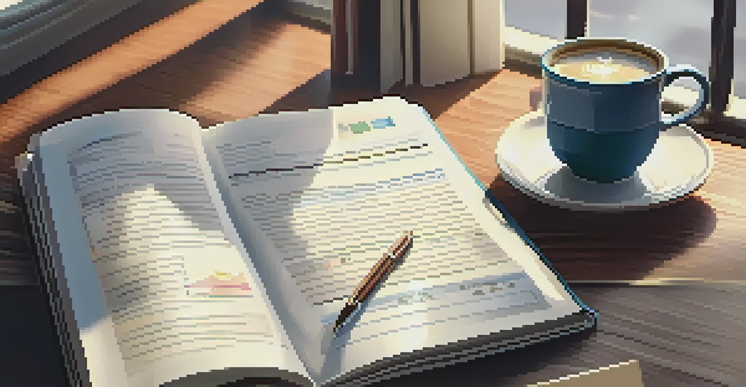 An organized desk with an open notebook, insurance documents, a calculator, and a cup of coffee, illuminated by natural light.