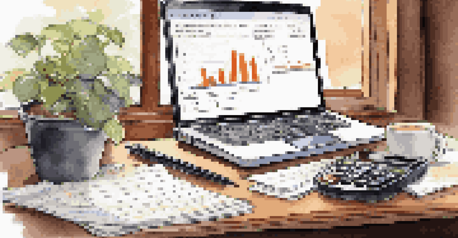 An accountant's desk with a laptop, notepad, calculator, and a coffee cup in a well-lit workspace.