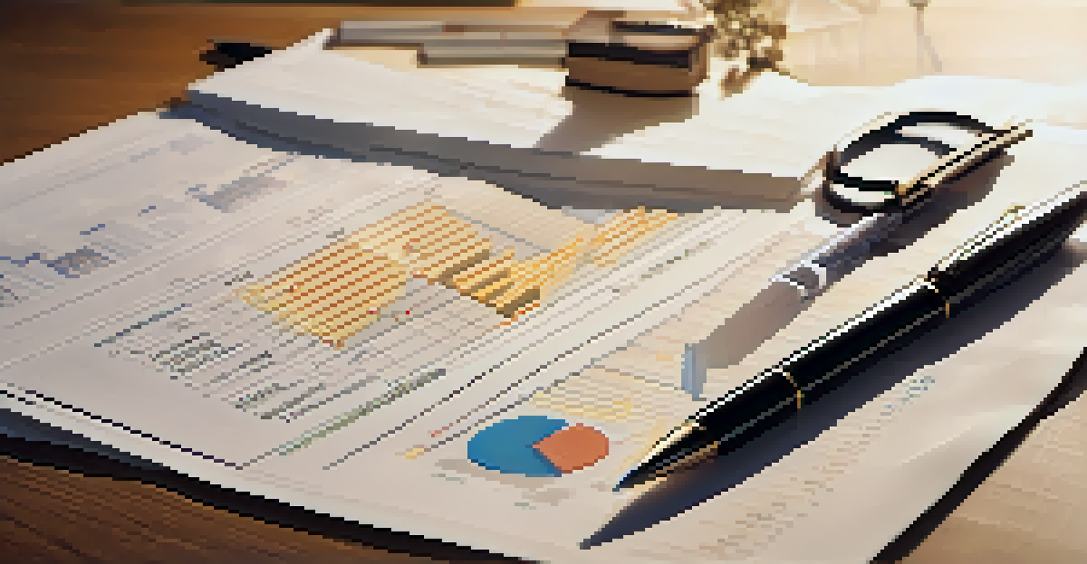 A close-up of a financial document with graphs and charts on a wooden desk, accompanied by glasses and a pen.