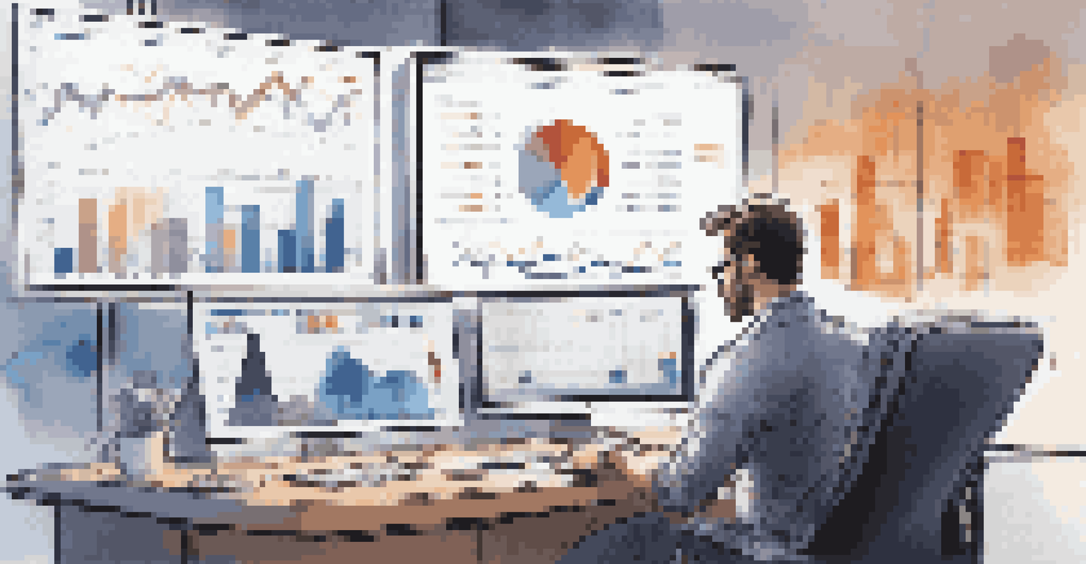 A person using a tablet to track investments in a modern office with digital charts on a monitor.