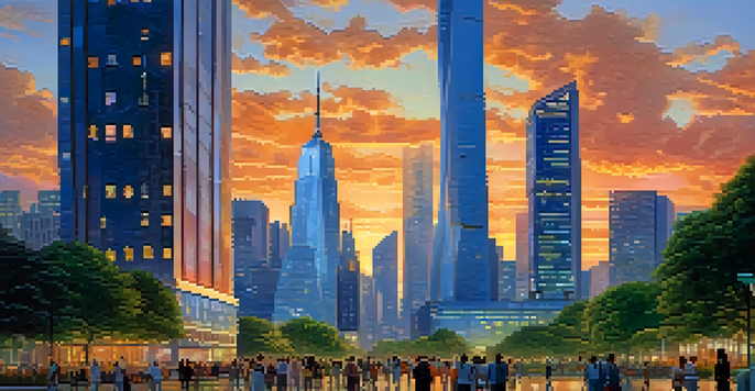 A vibrant city skyline at dusk with futuristic buildings and people using mobile devices.