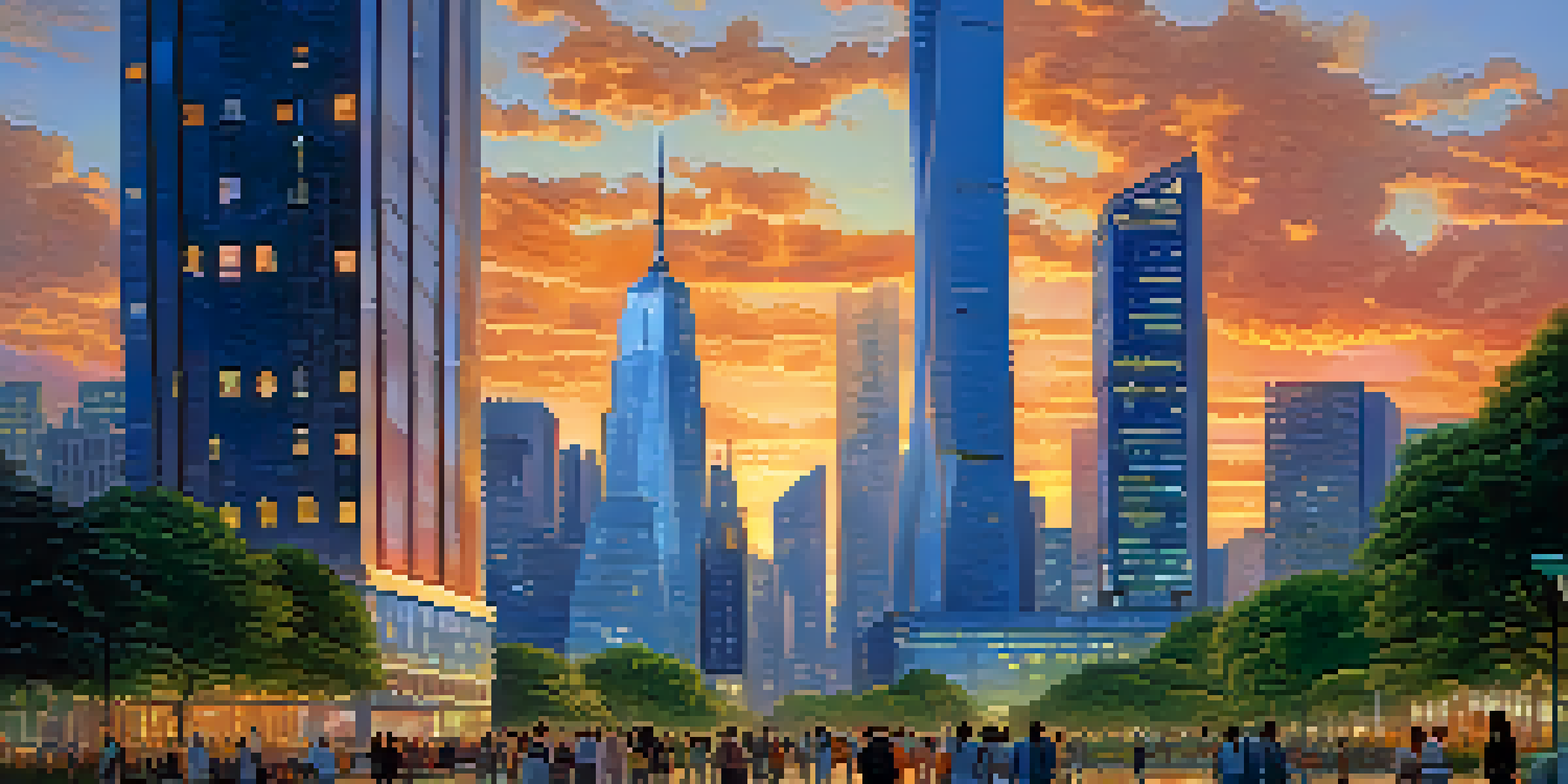 A vibrant city skyline at dusk with futuristic buildings and people using mobile devices.