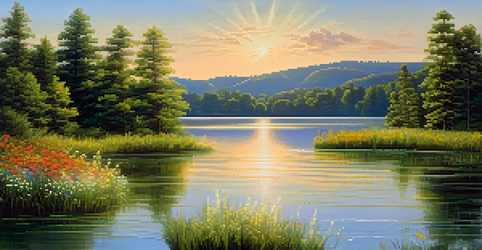 A peaceful lake surrounded by green trees and colorful wildflowers under a blue sky with sunlight reflecting on the water.