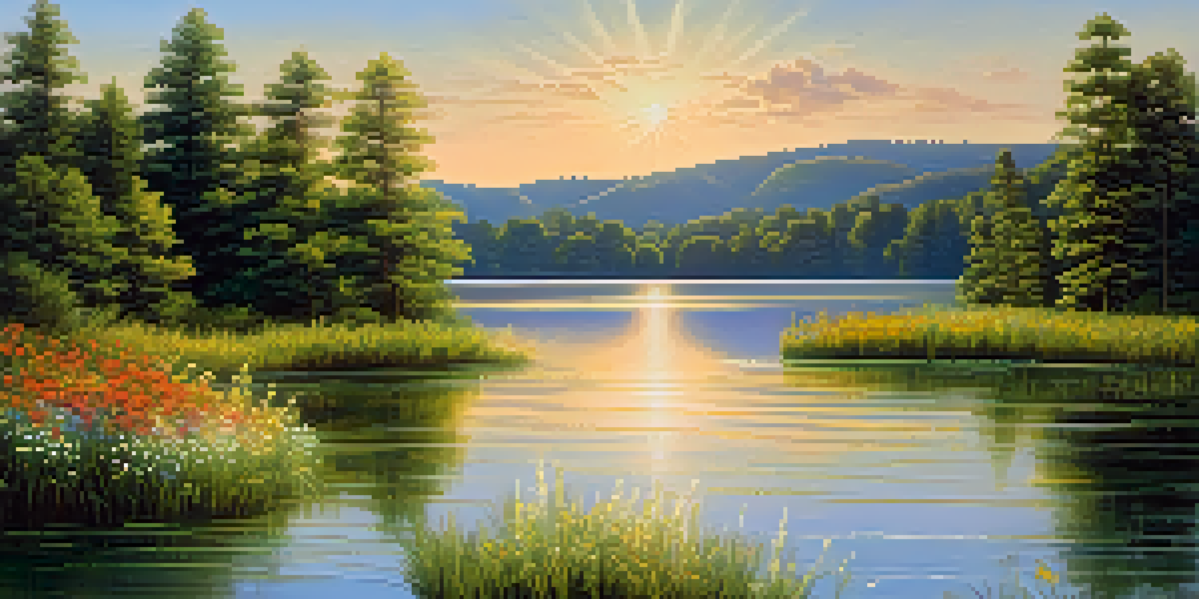 A peaceful lake surrounded by green trees and colorful wildflowers under a blue sky with sunlight reflecting on the water.