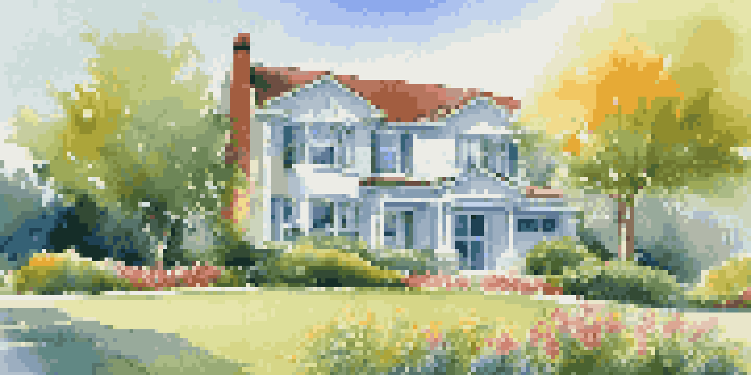 A modern house with a 'For Sale' sign in front, surrounded by green lawns and colorful flowers under a blue sky.