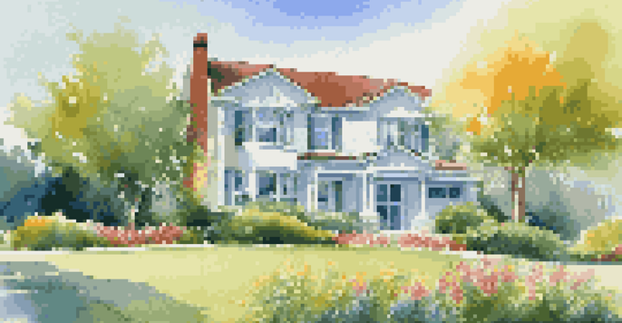 A modern house with a 'For Sale' sign in front, surrounded by green lawns and colorful flowers under a blue sky.