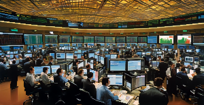 A lively stock exchange with traders focused on screens displaying market data, capturing the energy of high-frequency trading.