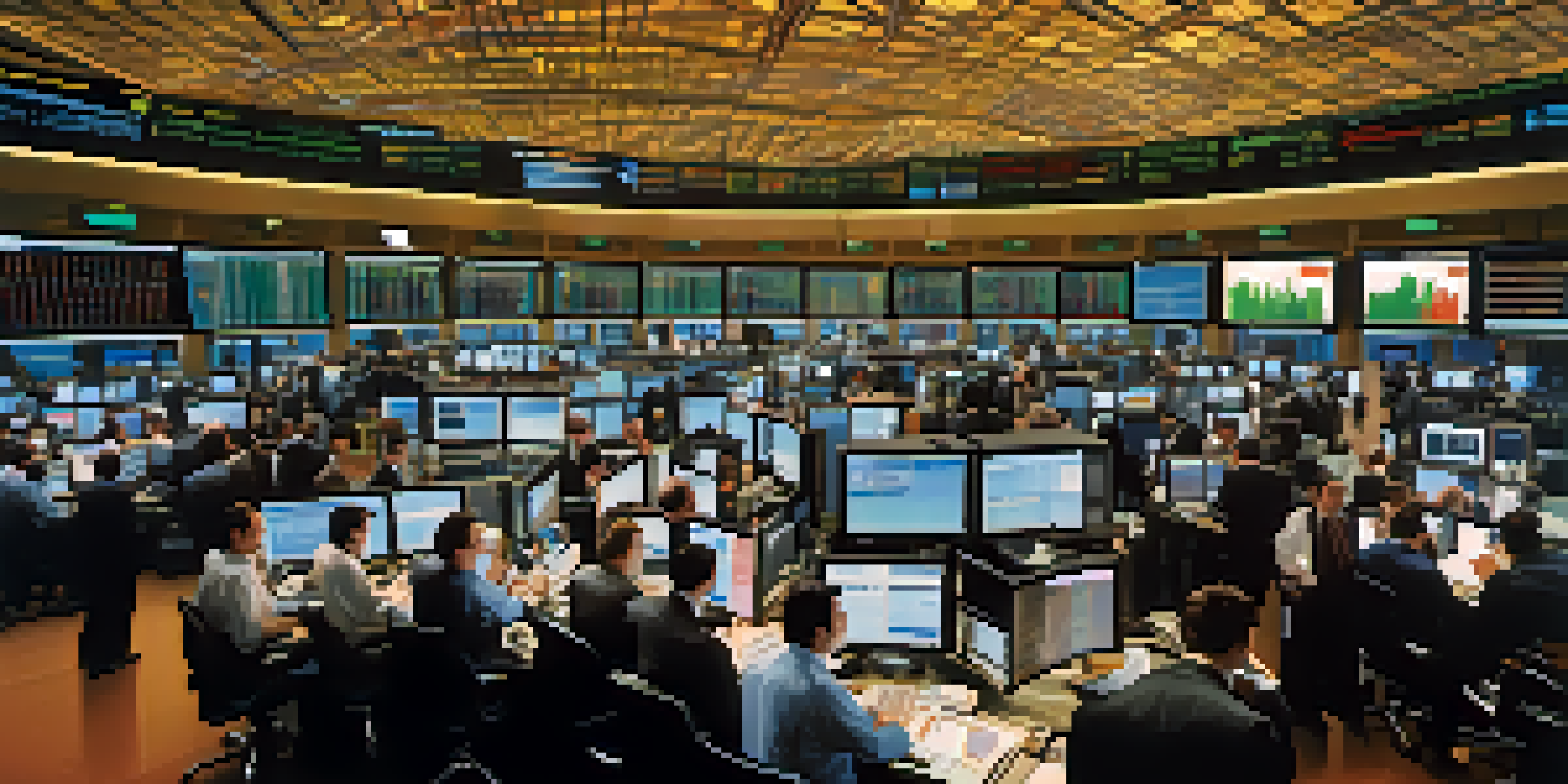 A lively stock exchange with traders focused on screens displaying market data, capturing the energy of high-frequency trading.