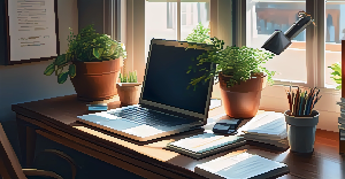 A warm and inviting home office with a wooden desk, laptop, stacks of finance books, and a potted plant, illuminated by soft sunlight.