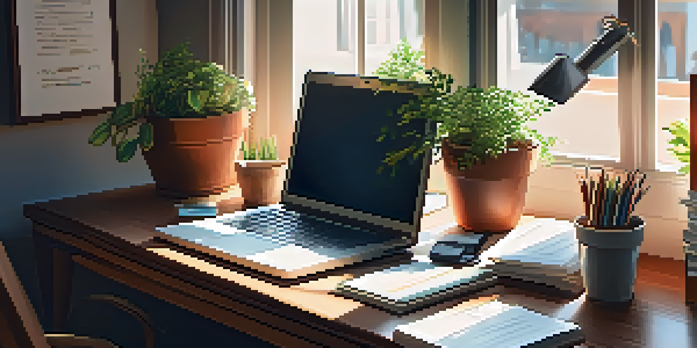 A warm and inviting home office with a wooden desk, laptop, stacks of finance books, and a potted plant, illuminated by soft sunlight.
