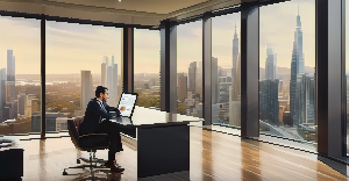 A man in a suit examining real estate listings on a tablet in a modern office with a city skyline view.
