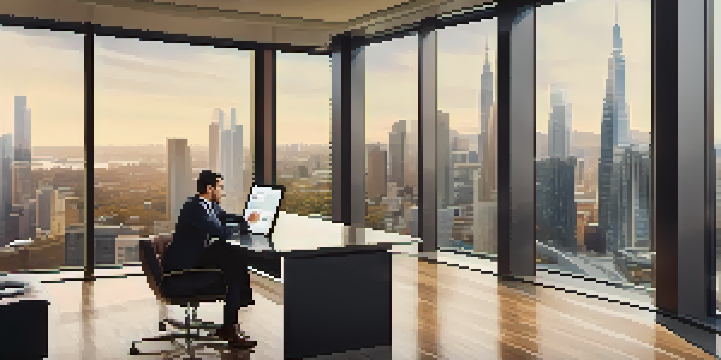 A man in a suit examining real estate listings on a tablet in a modern office with a city skyline view.