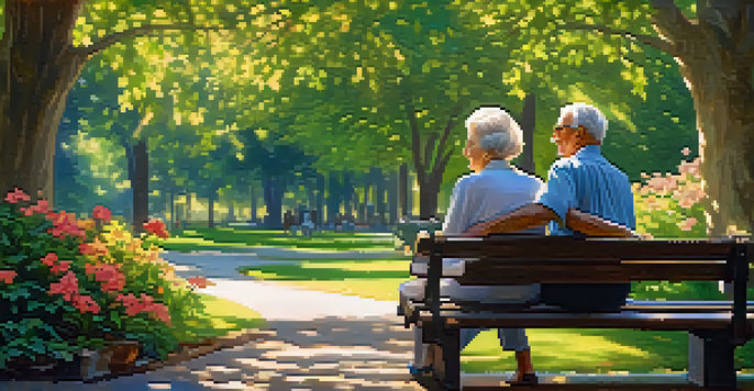 An elderly couple holding hands on a bench in a beautiful park filled with flowers and trees under a sunny sky.