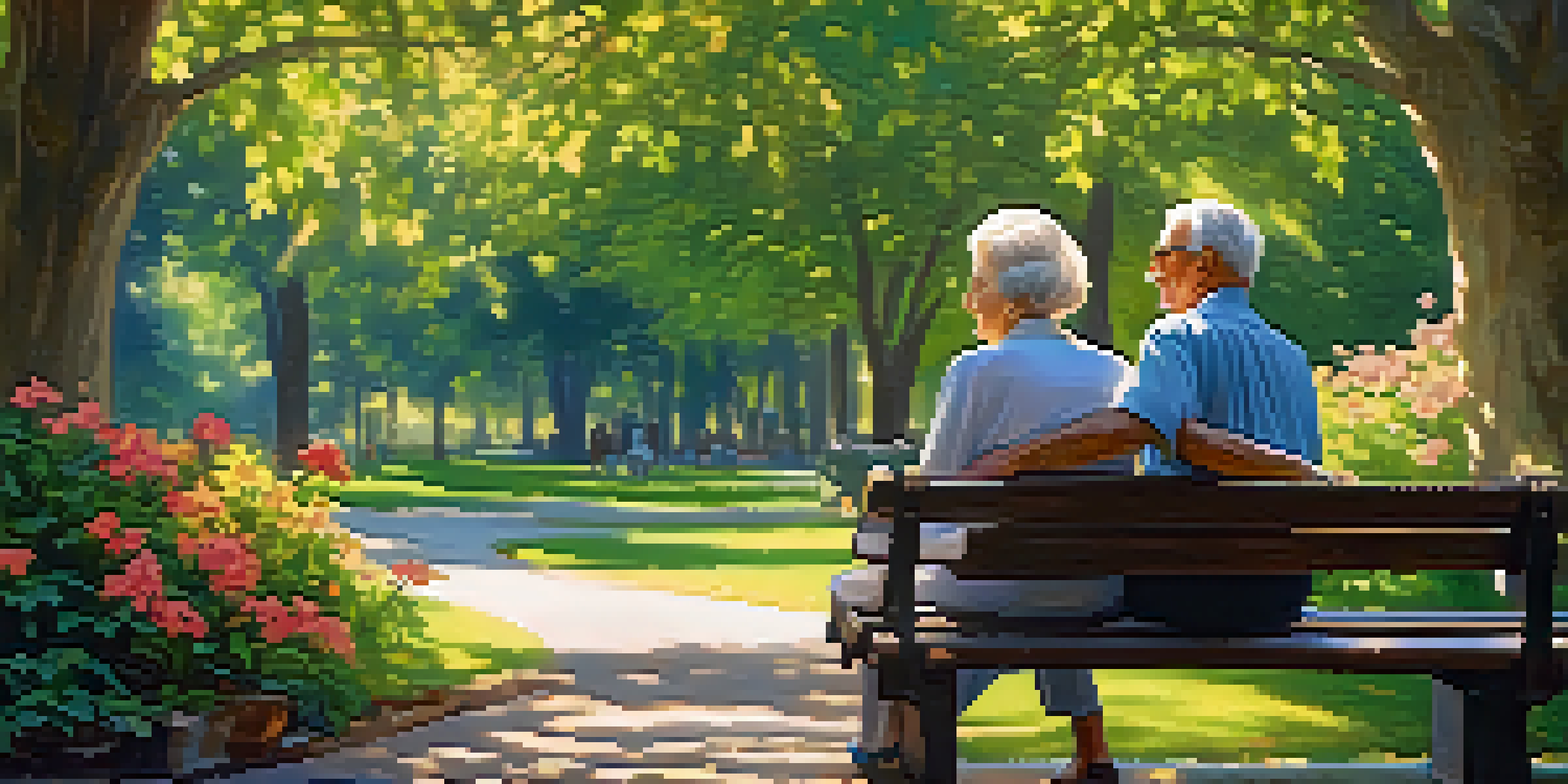 An elderly couple holding hands on a bench in a beautiful park filled with flowers and trees under a sunny sky.