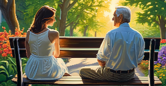 A couple sitting on a park bench in a beautiful garden, discussing their retirement plans during sunset.