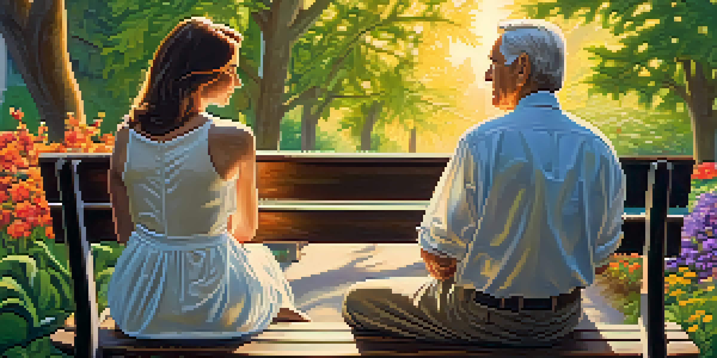 A couple sitting on a park bench in a beautiful garden, discussing their retirement plans during sunset.