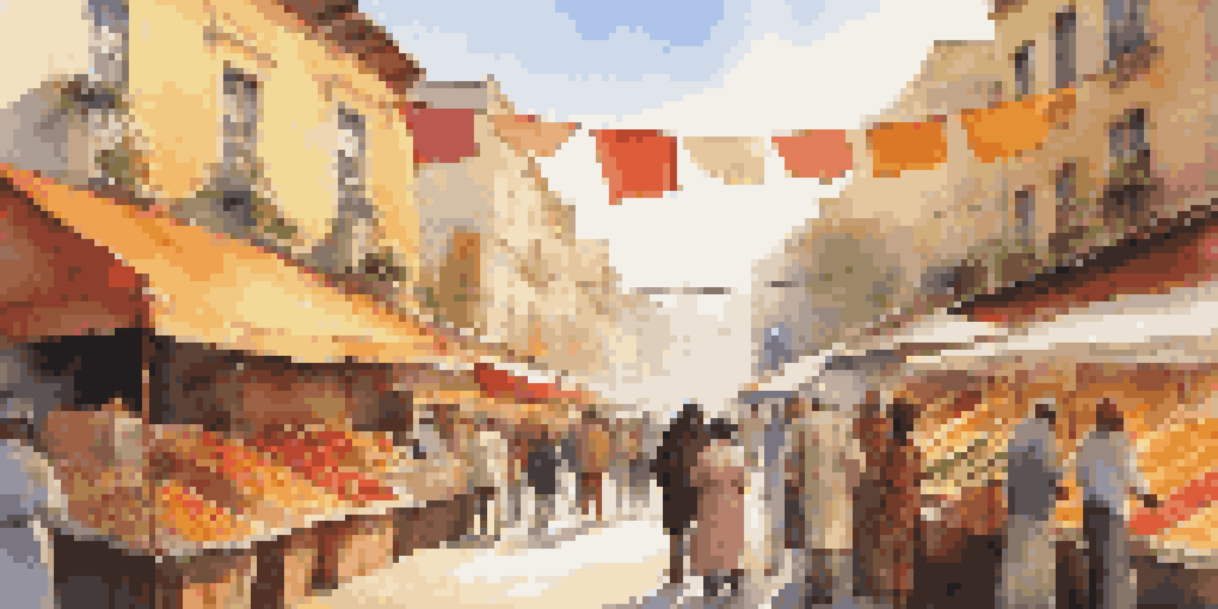 A lively urban marketplace with diverse people of different ages, colorful stalls, and warm sunlight.