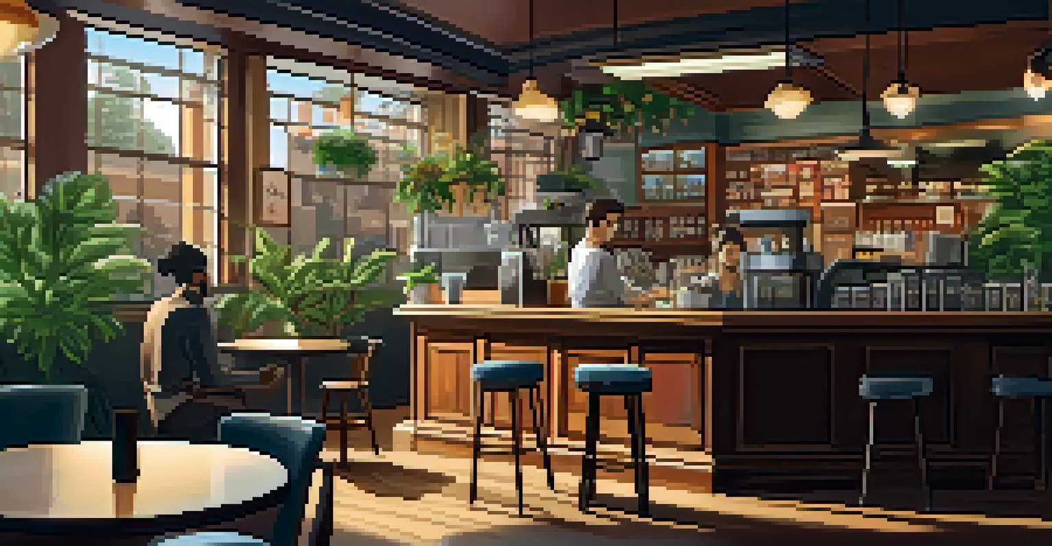 A cozy coffee shop with warm lighting, wooden tables, and people enjoying their time inside.