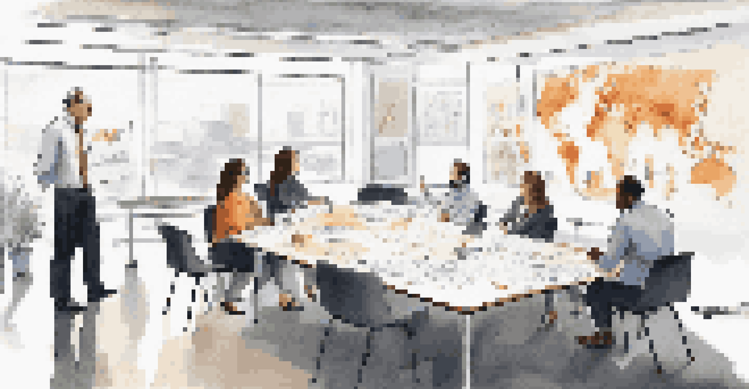 A team in an office discussing scenario analysis with charts and documents on the table, and a whiteboard with hypothetical scenarios.