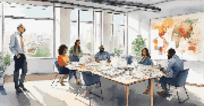 A diverse team of professionals in a bright office discussing strategies, with documents and laptops on the table.